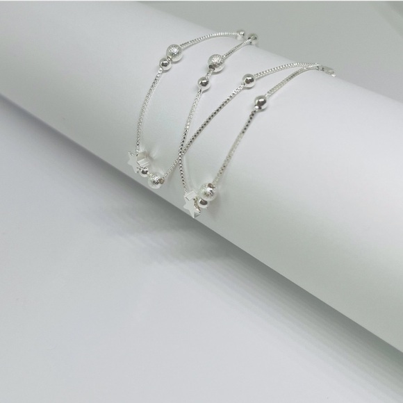 925 Sterling Silver Double Star and Bead Charm Bracelet - Picture 4 of 7